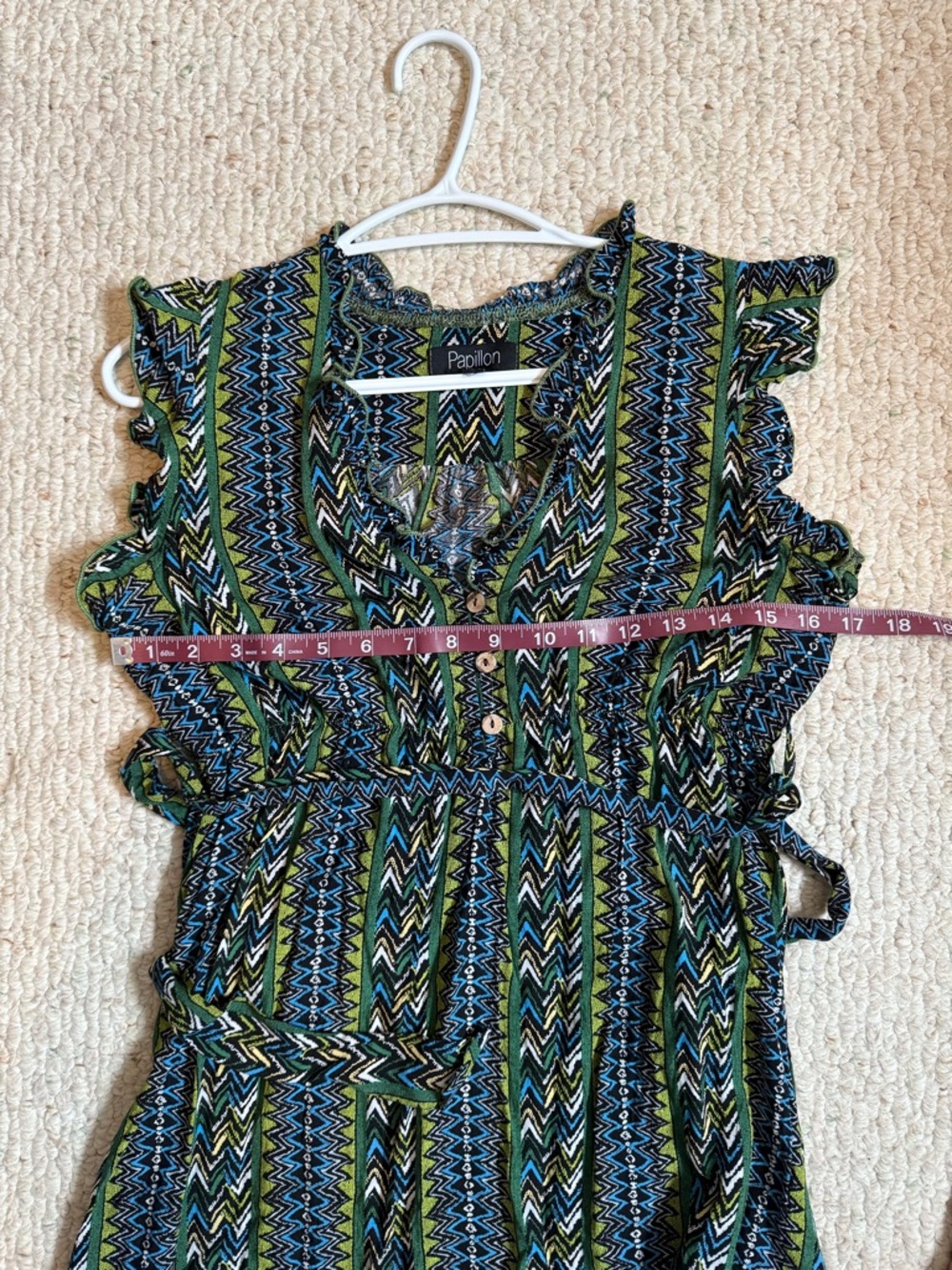 Papillon Blanc Green & Blue Patterned Midi Dress with Tie Waist